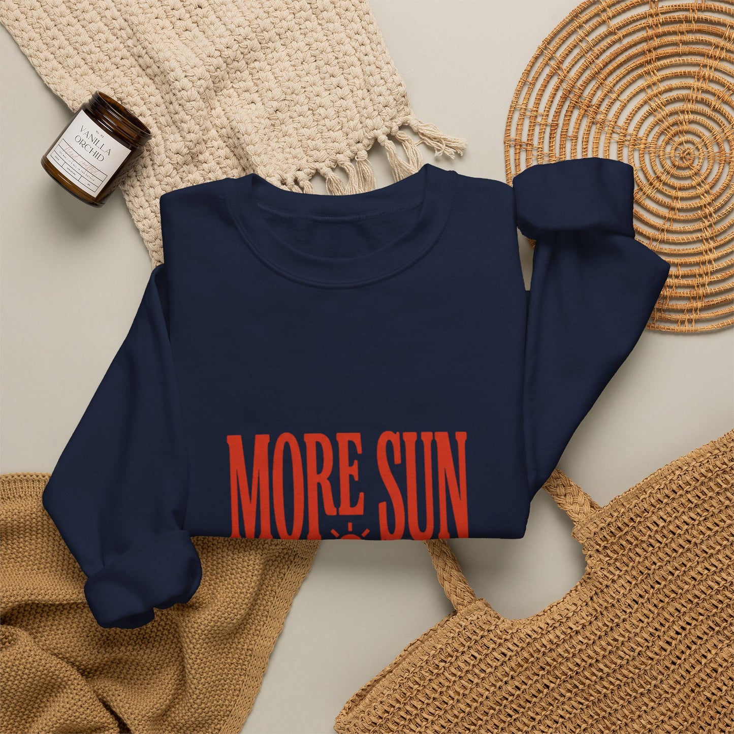 More Sun Less Stress Crewneck Sweatshirt | Y2K slogan, nostalgic type