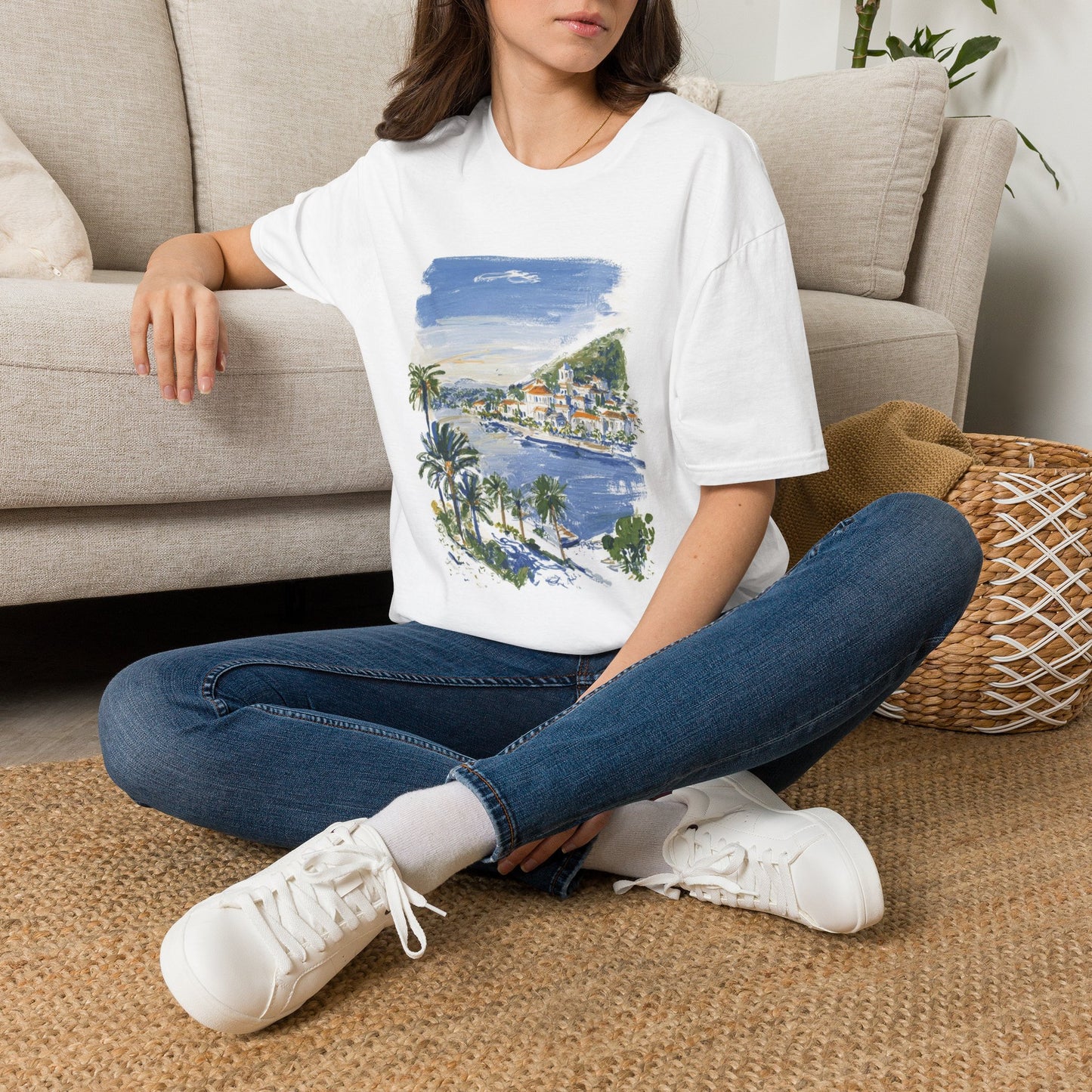 Coastal Village Painting T-Shirt — Scenic Seaside Palm Print