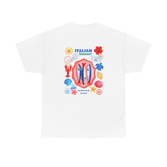 Italian Summer Graphic Tee — Retro Beach Shells & Seaside Icons
