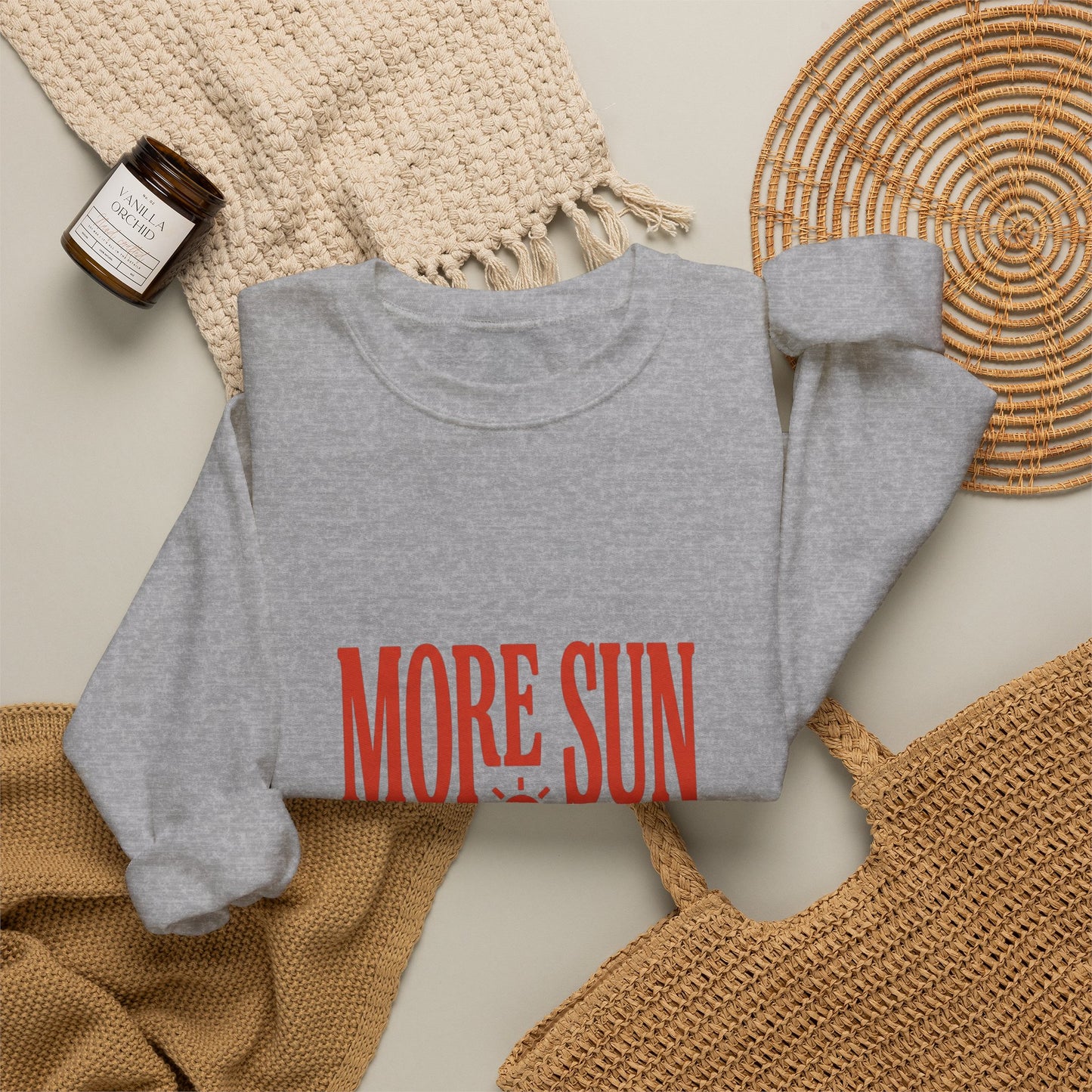 More Sun Less Stress Crewneck Sweatshirt | Y2K slogan, nostalgic type