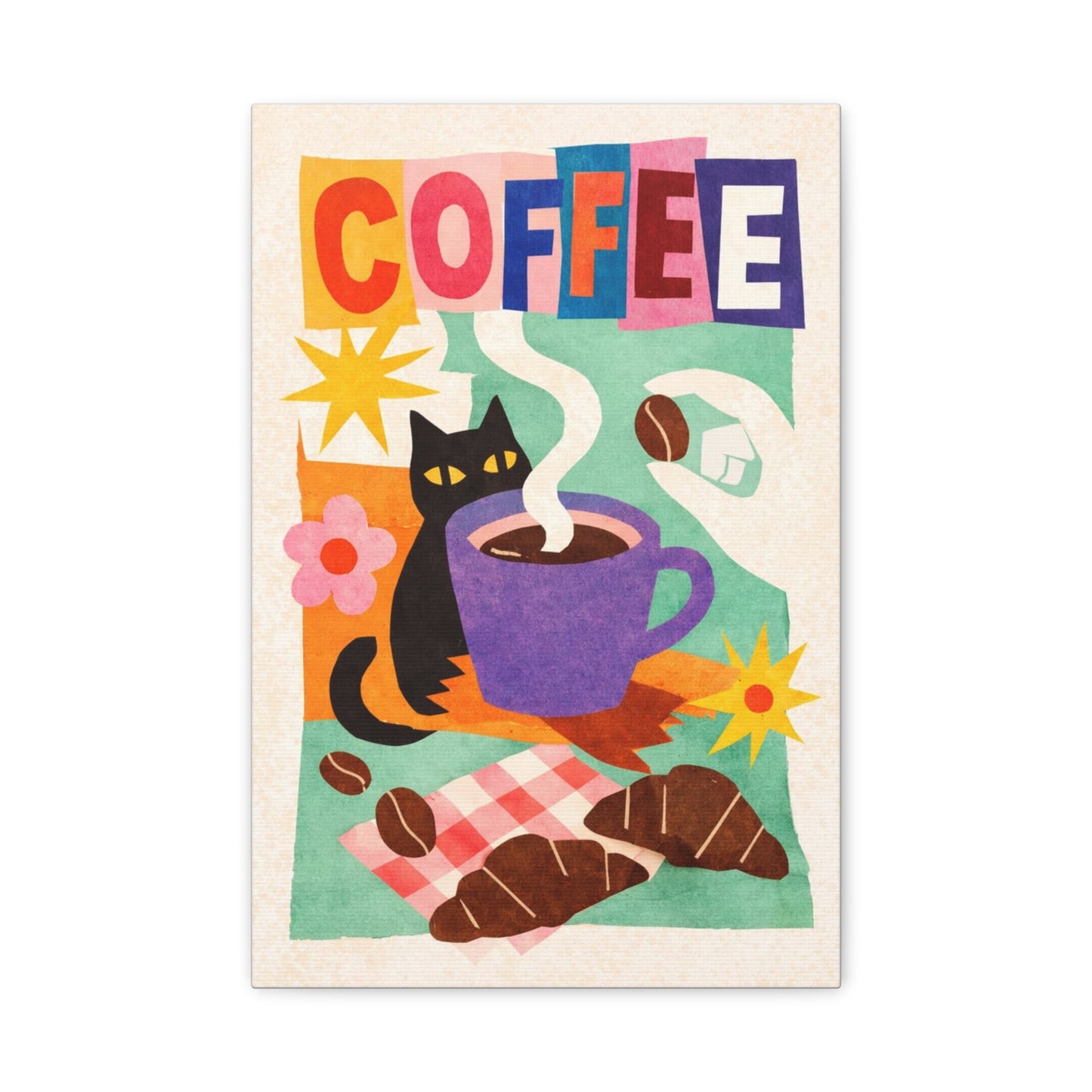 Coffee Cat Matte Canvas Wall Art — Colorful Kitchen Coffee Poster, Stretched 1.25"