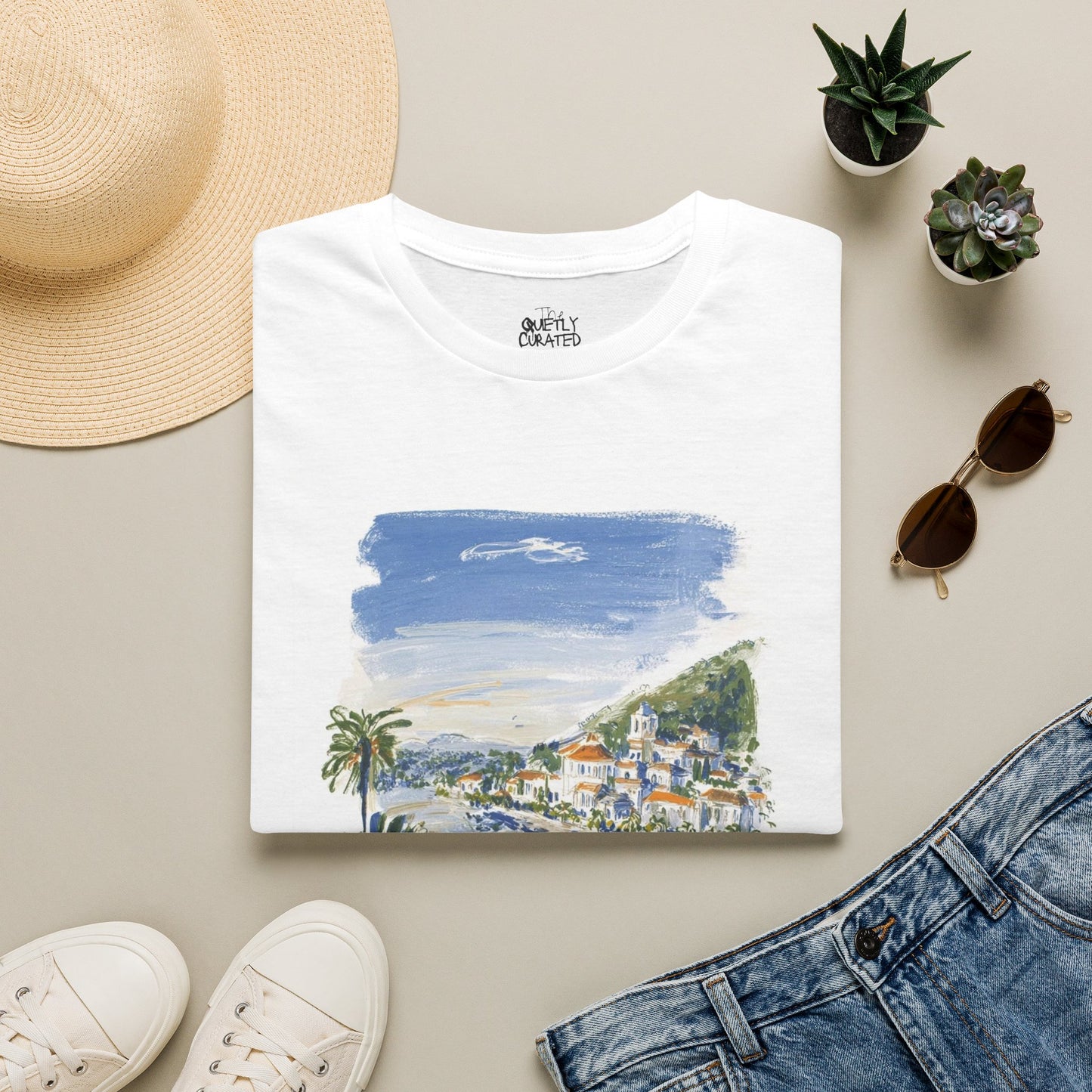 Coastal Village Painting T-Shirt — Scenic Seaside Palm Print
