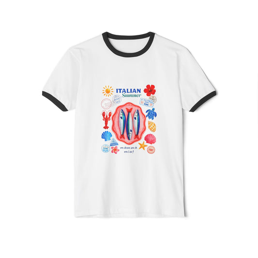 Italian Summer Ringer T‑Shirt – Coastal Shells & Sea Life Graphic