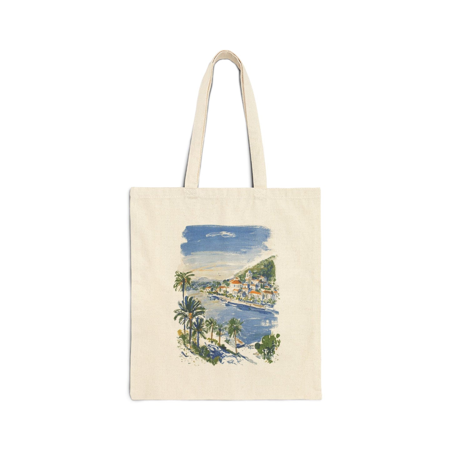 Tote Bag - Coastal Beach Watercolor Print, Palm Trees & Harbor Canvas Tote