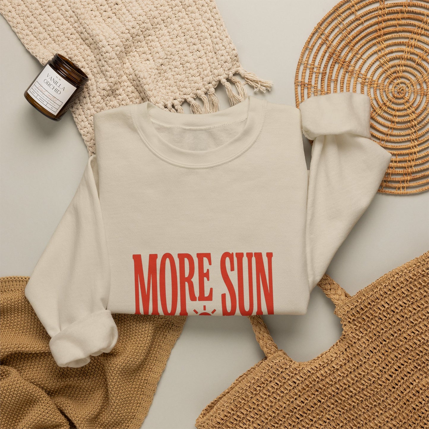 More Sun Less Stress Crewneck Sweatshirt | Y2K slogan, nostalgic type