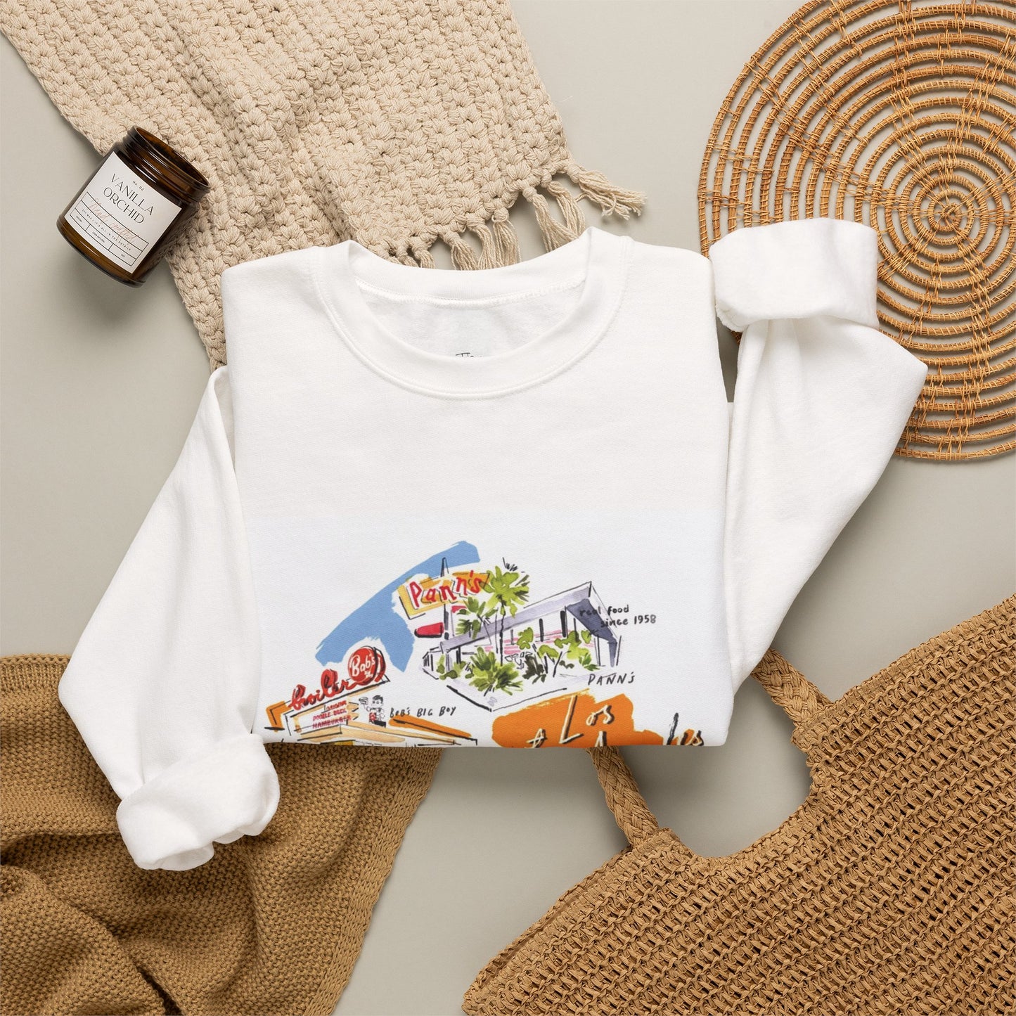 Crewneck Sweatshirt — Retro Road Trip California Postcard Design