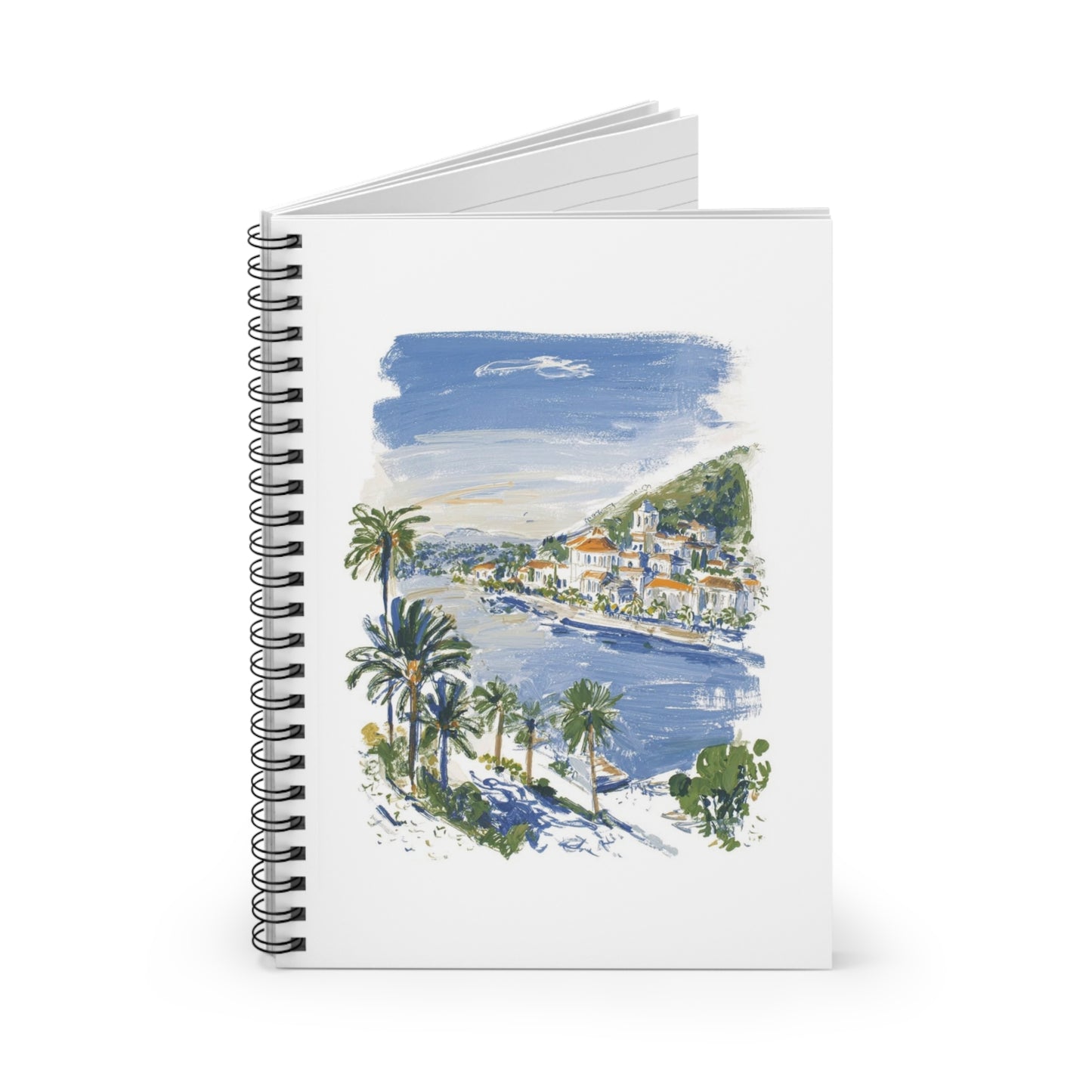 Coastal Town Spiral Notebook — Mediterranean Beach Sketch Ruled Journal