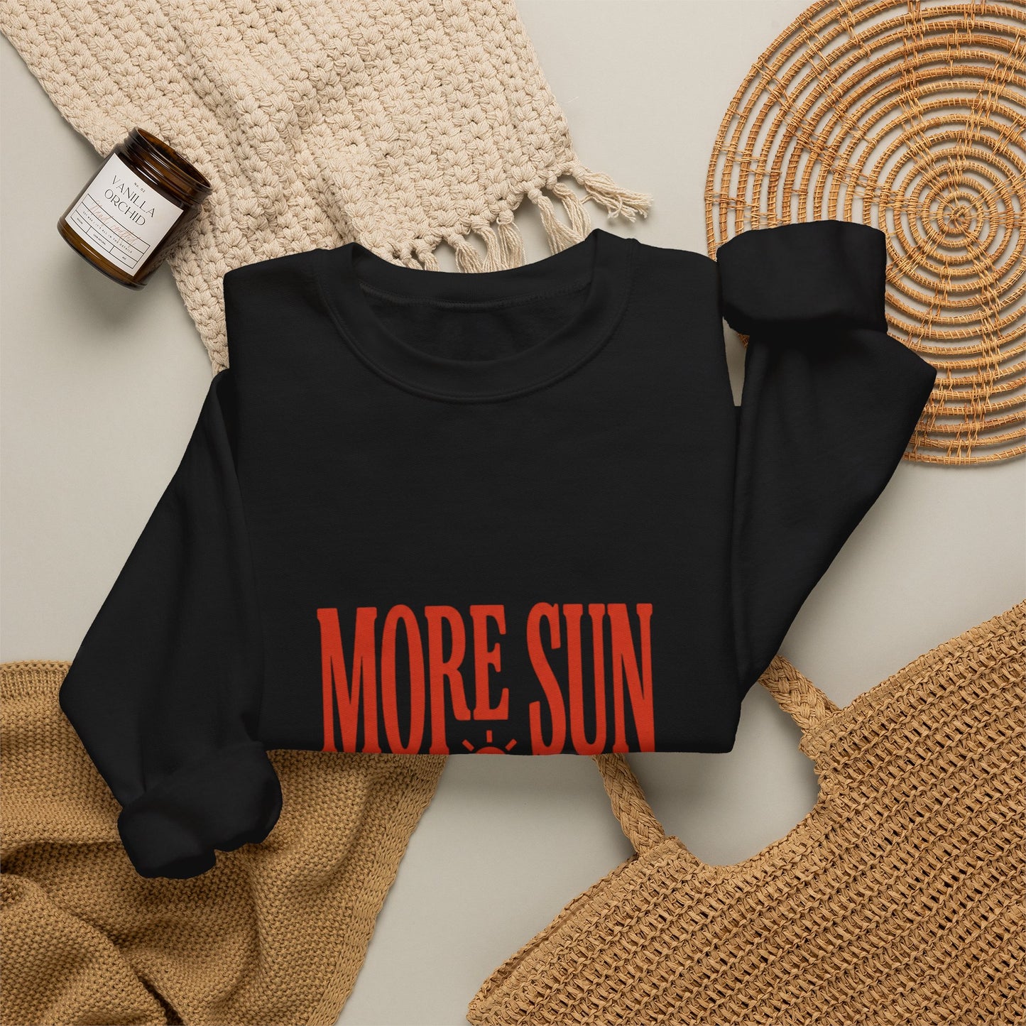 More Sun Less Stress Crewneck Sweatshirt | Y2K slogan, nostalgic type