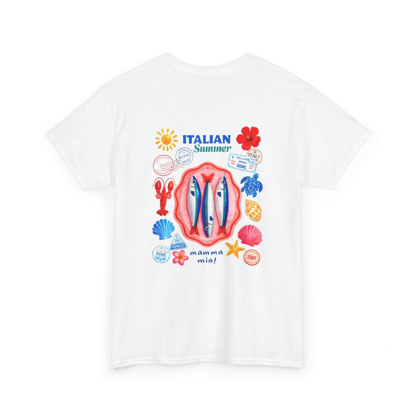 Italian Summer Graphic Tee — Retro Beach Shells & Seaside Icons