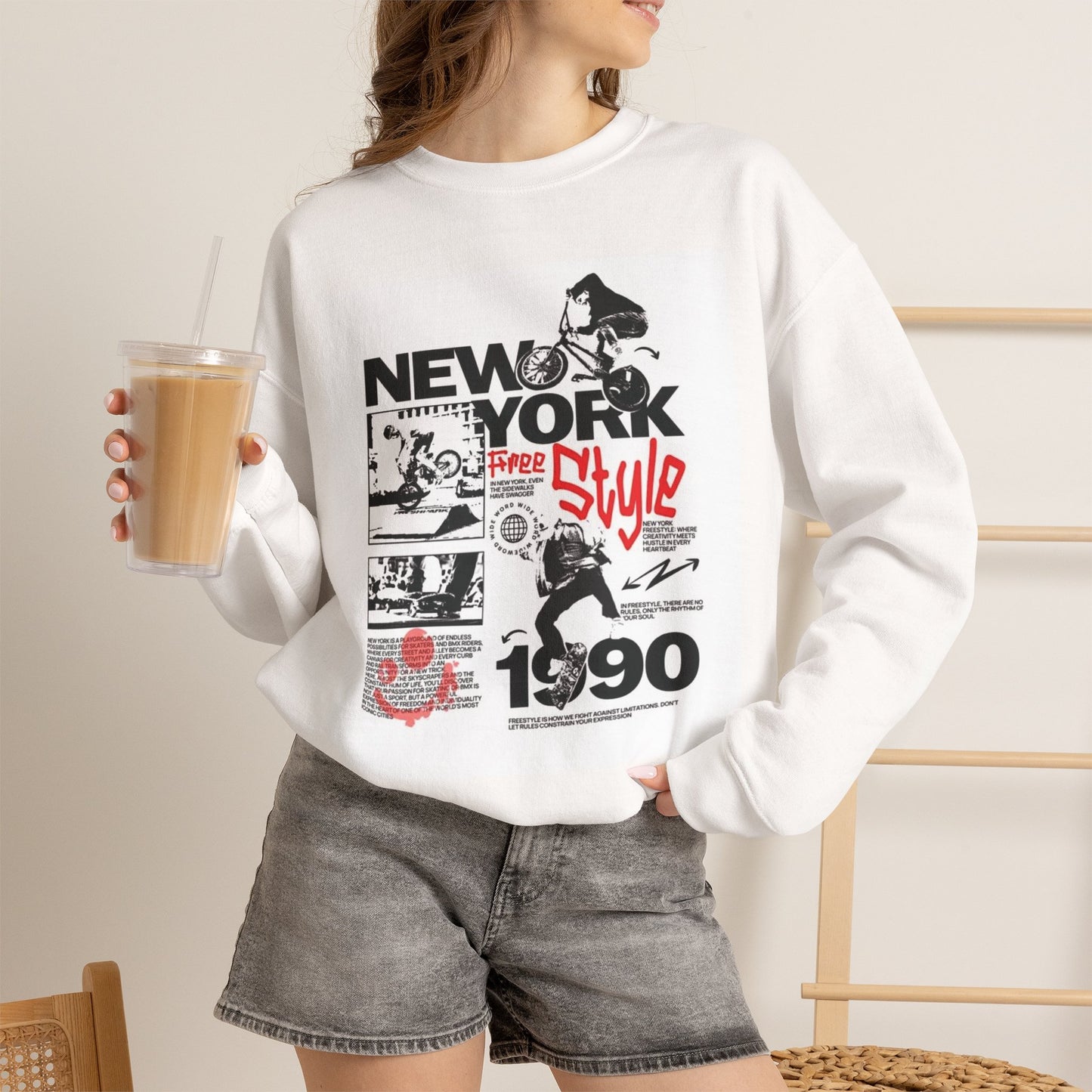 New York 1990 Street Style Crewneck Sweatshirt | BMX Graphic