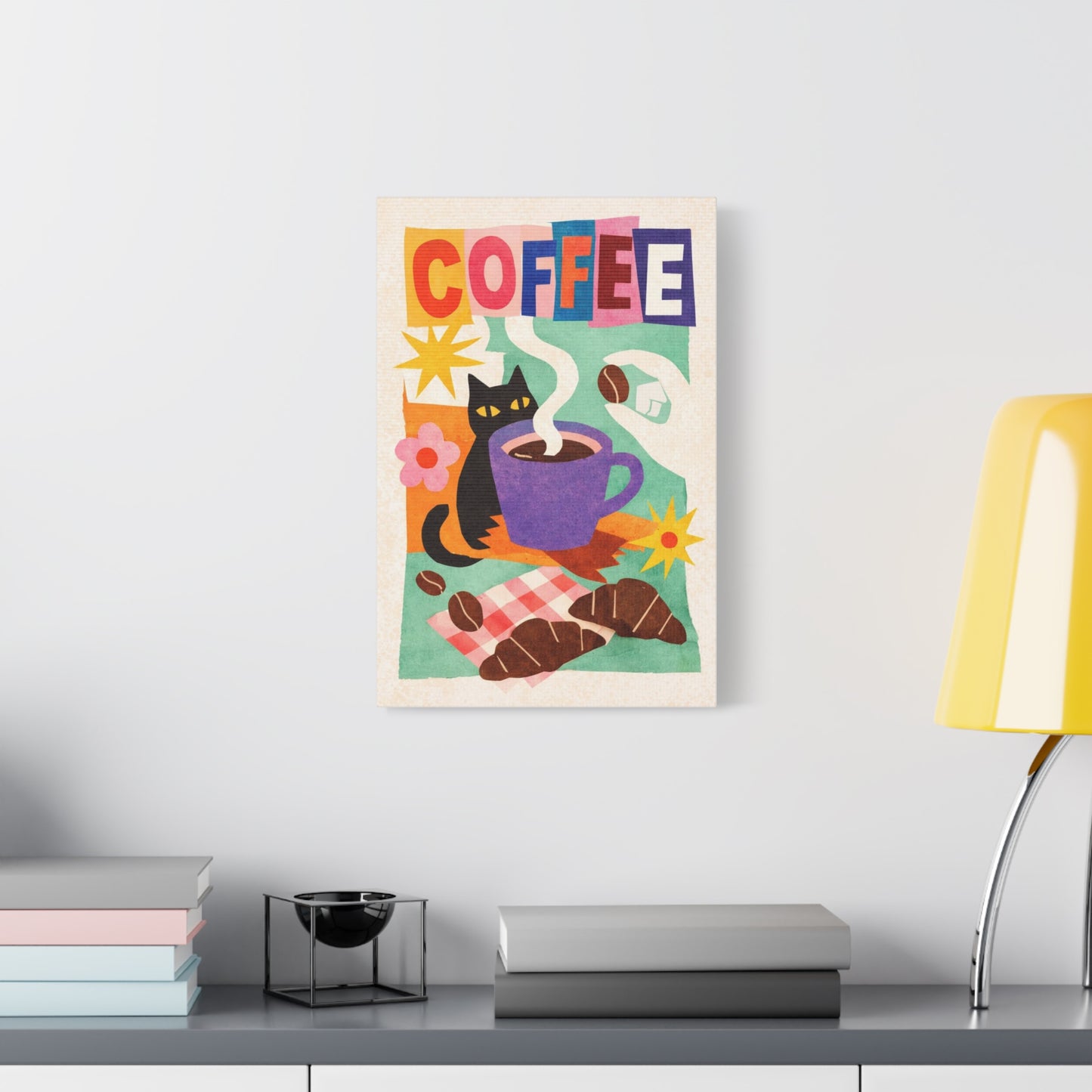 Coffee Cat Matte Canvas Wall Art — Colorful Kitchen Coffee Poster, Stretched 1.25"