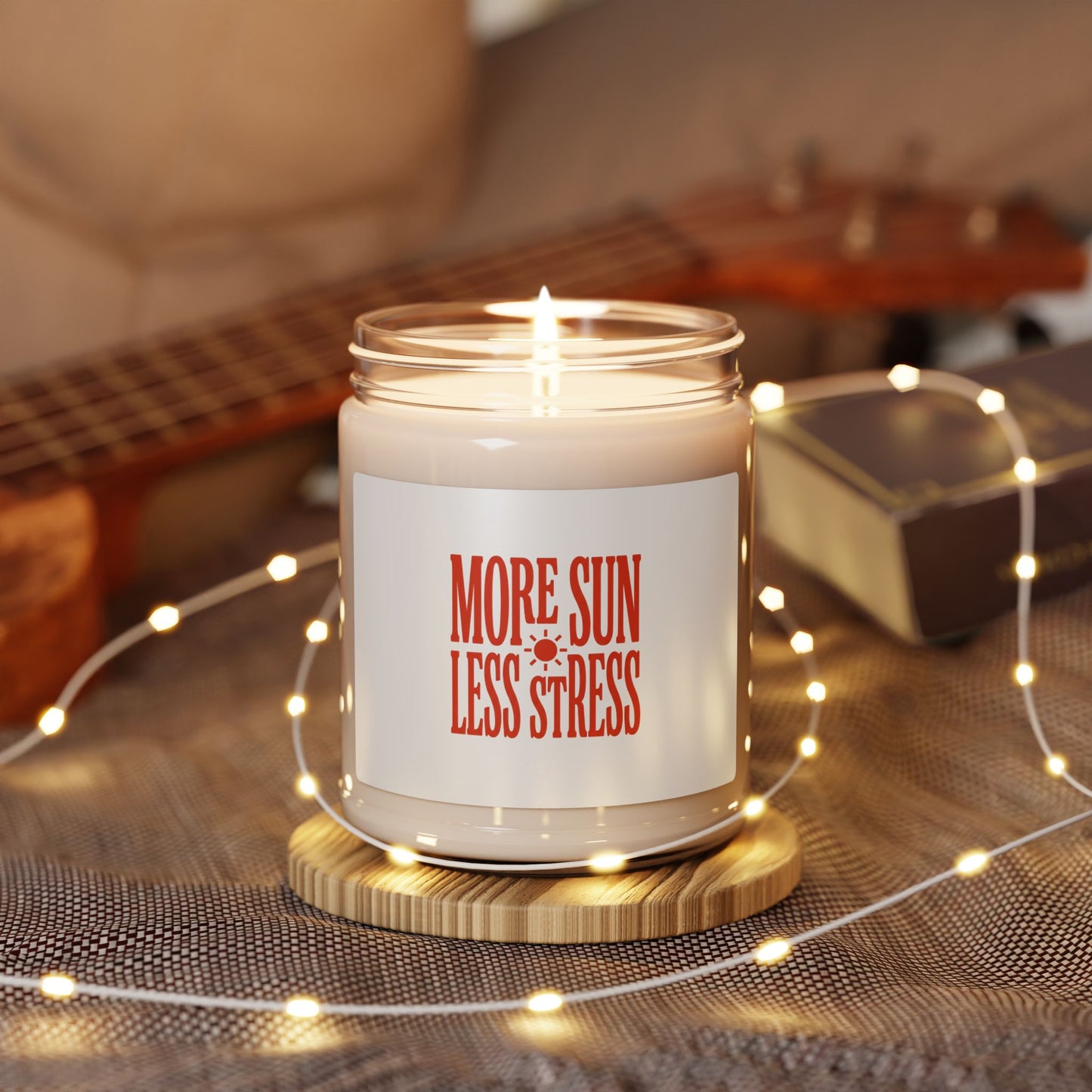 More Sun Less Stress Soy Candle | Y2K Slogan, Retro Typographic Jar