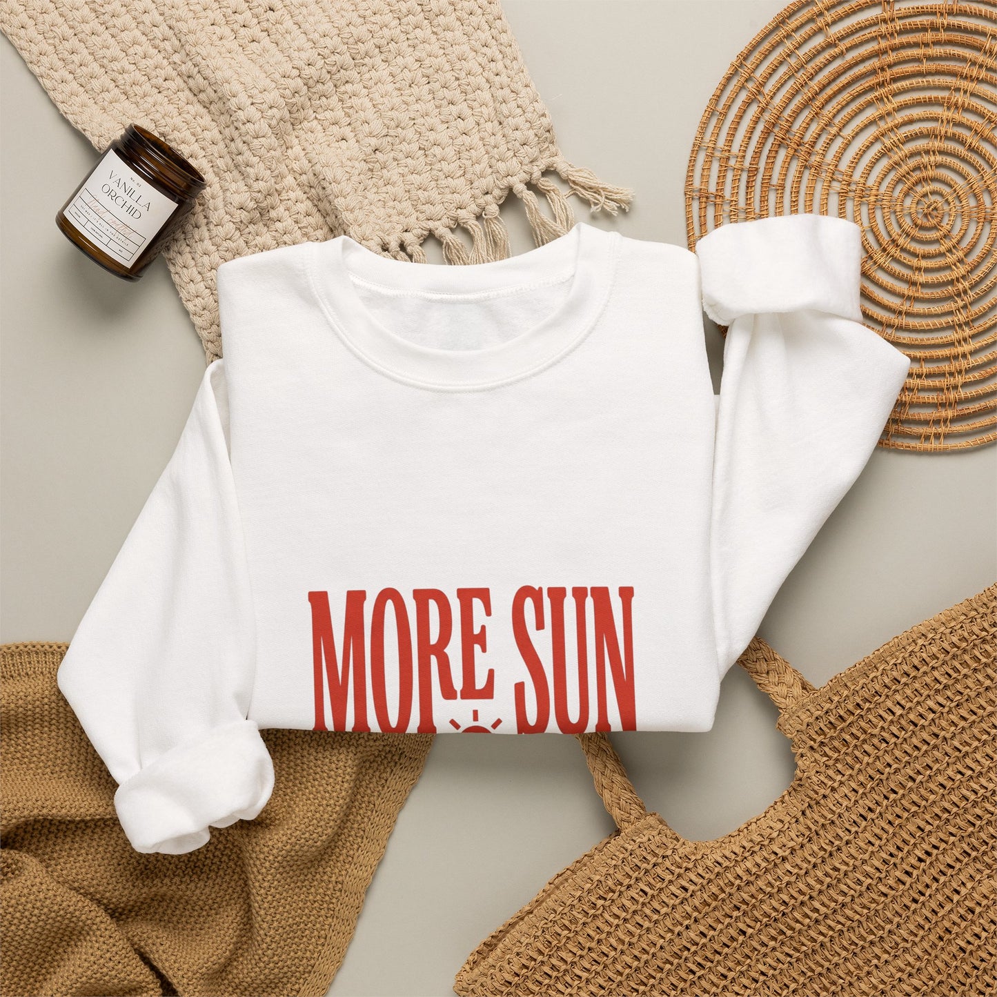 More Sun Less Stress Crewneck Sweatshirt | Y2K slogan, nostalgic type