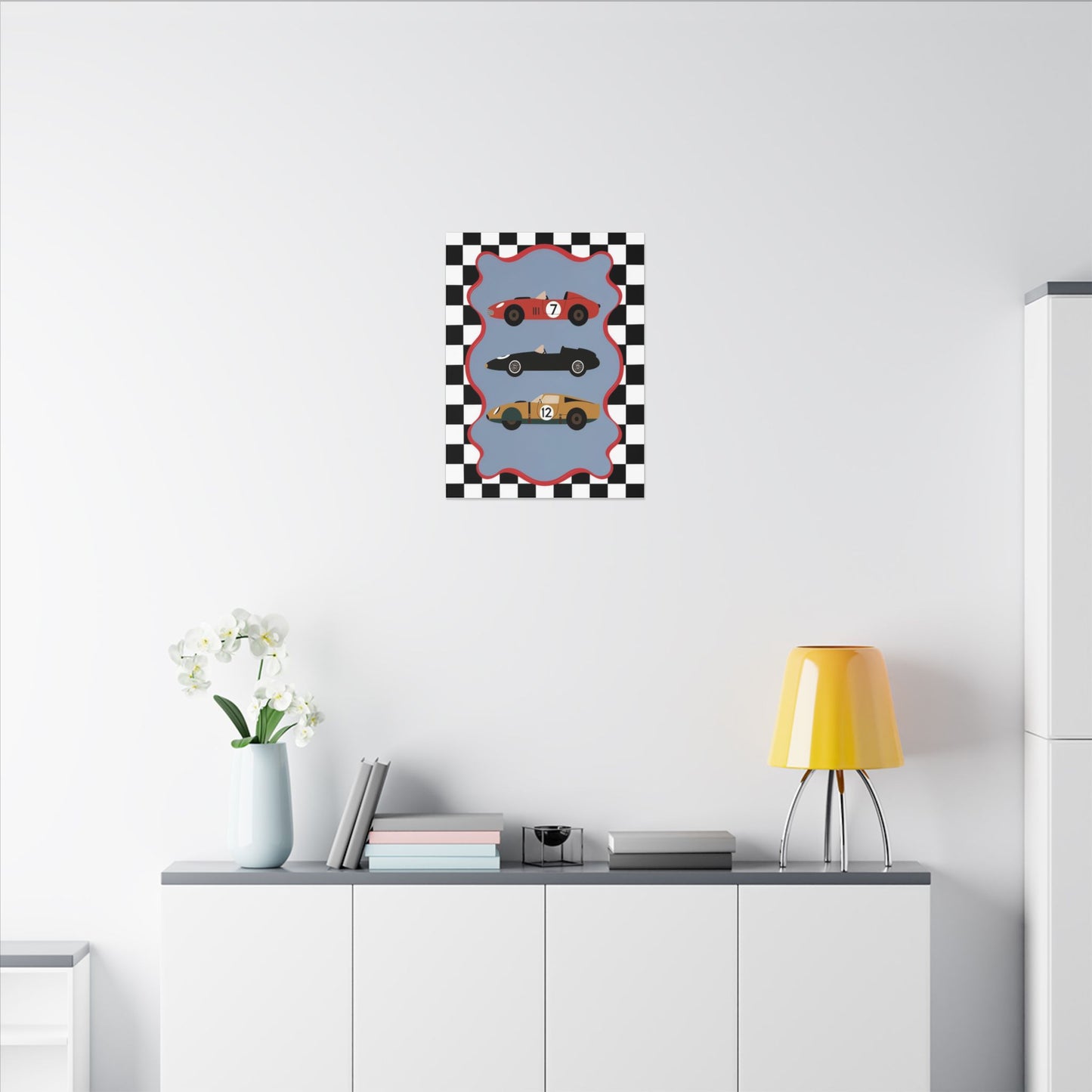 Vintage Race Cars Canvas, Stretched Matte Canvas | Checkered Border