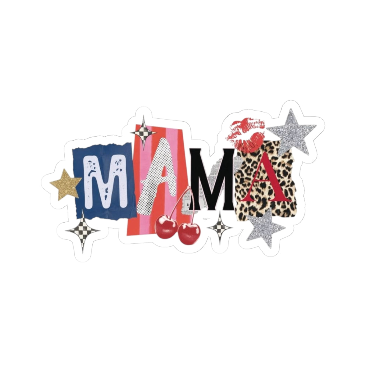 MAMA Kiss-Cut Sticker — Retro Pop Leopard, Cherry & Glitter Star Decal