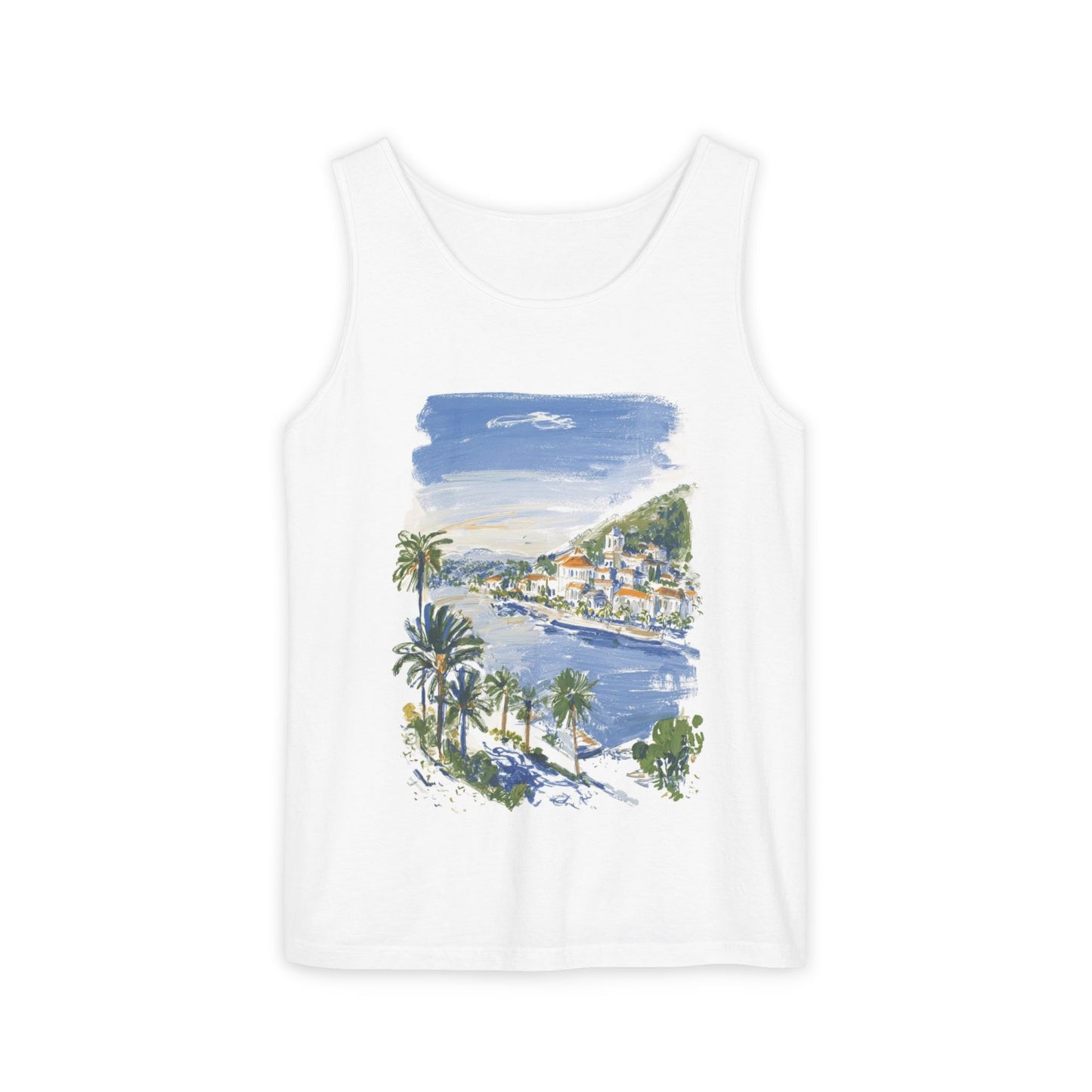 Coastal Harbor Watercolor Tank Top — Beach Town Palm Trees Summer Vibe