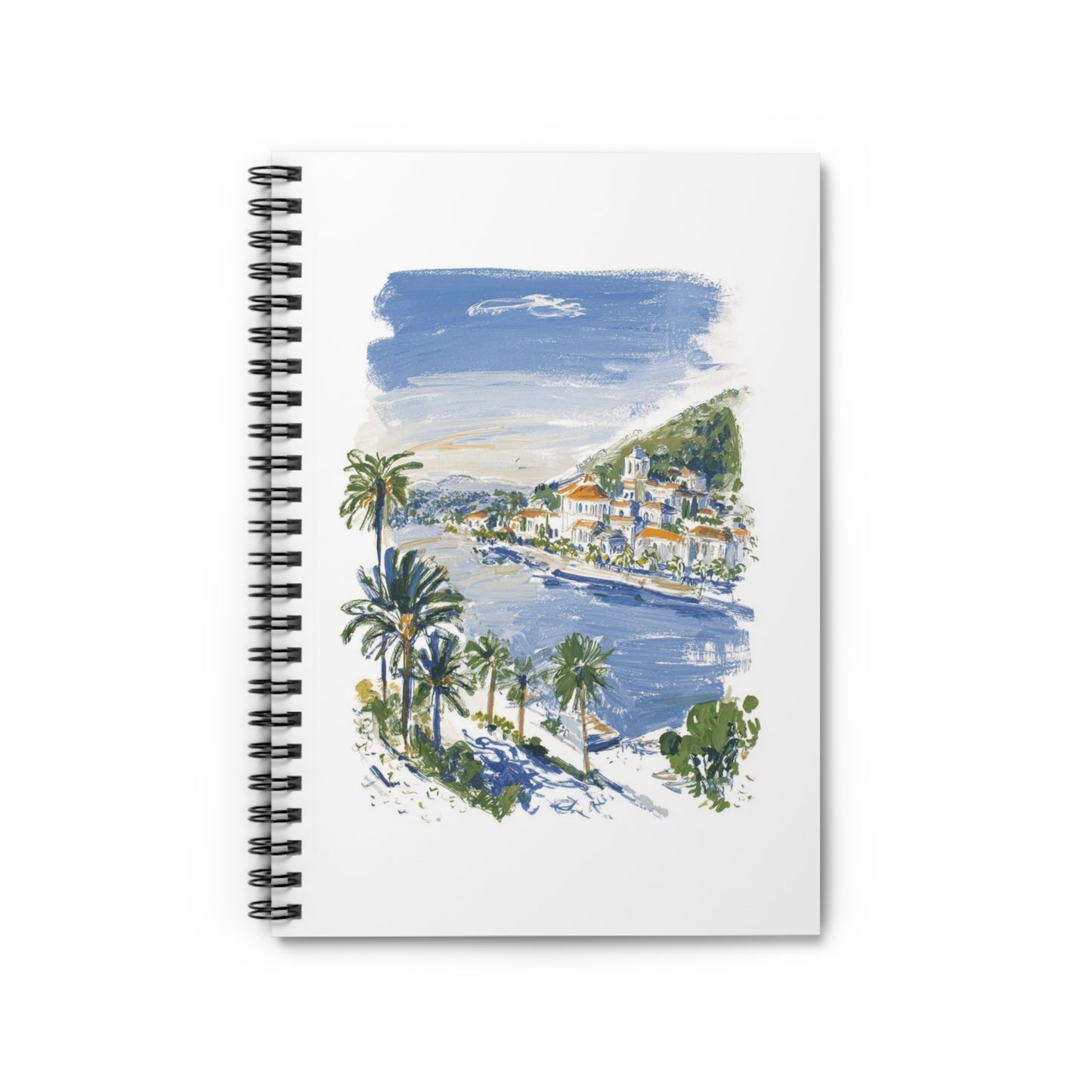 Coastal Town Spiral Notebook — Mediterranean Beach Sketch Ruled Journal