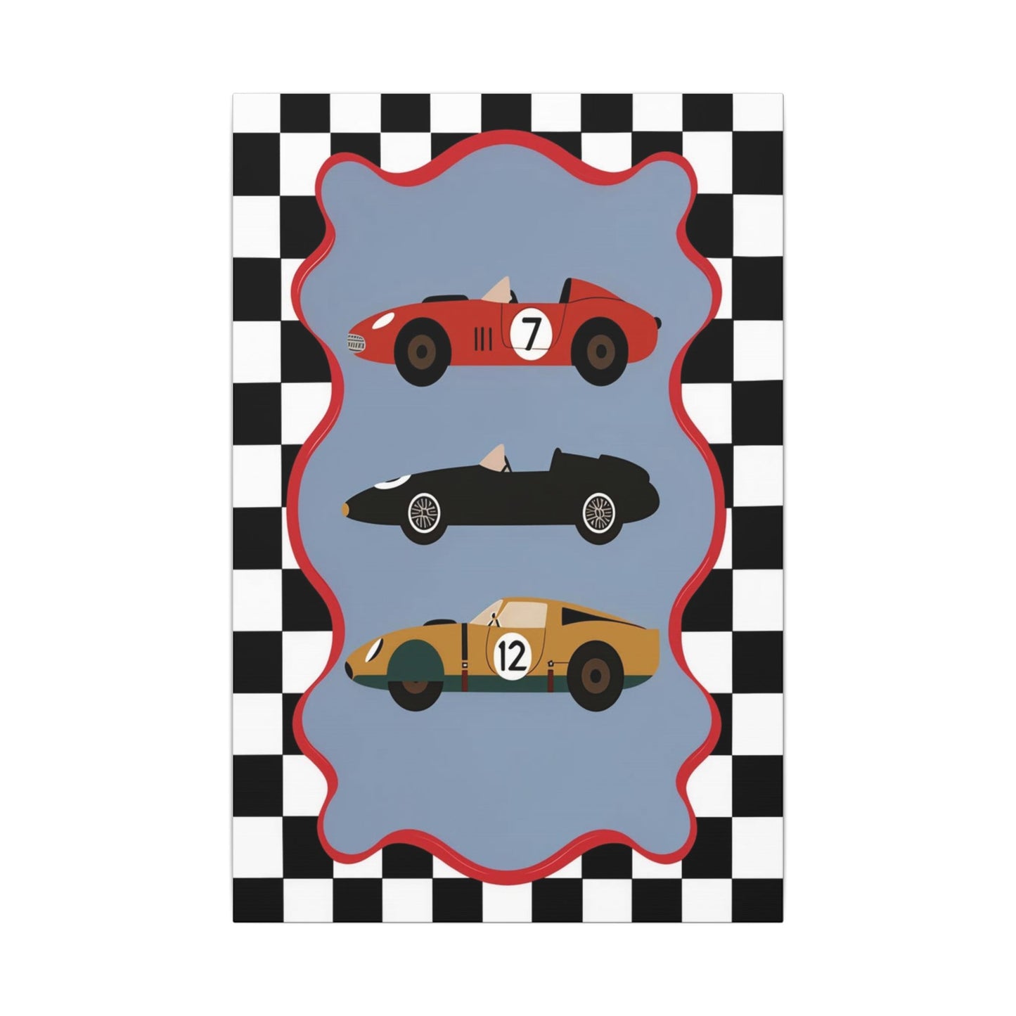Vintage Race Cars Canvas, Stretched Matte Canvas | Checkered Border
