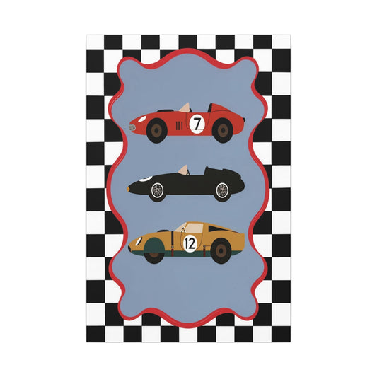 Vintage Race Cars Canvas, Stretched Matte Canvas | Checkered Border
