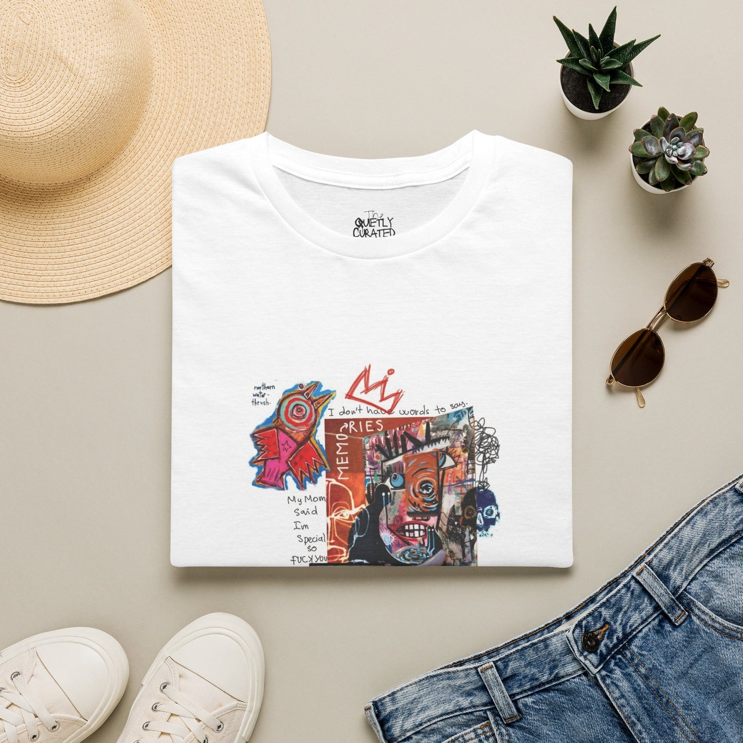 Abstract Graffiti Collage T-Shirt — Urban Street Art Tee with Crown Motif