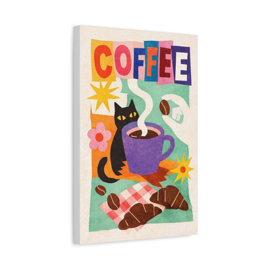 Coffee Cat Matte Canvas Wall Art — Colorful Kitchen Coffee Poster, Stretched 1.25"