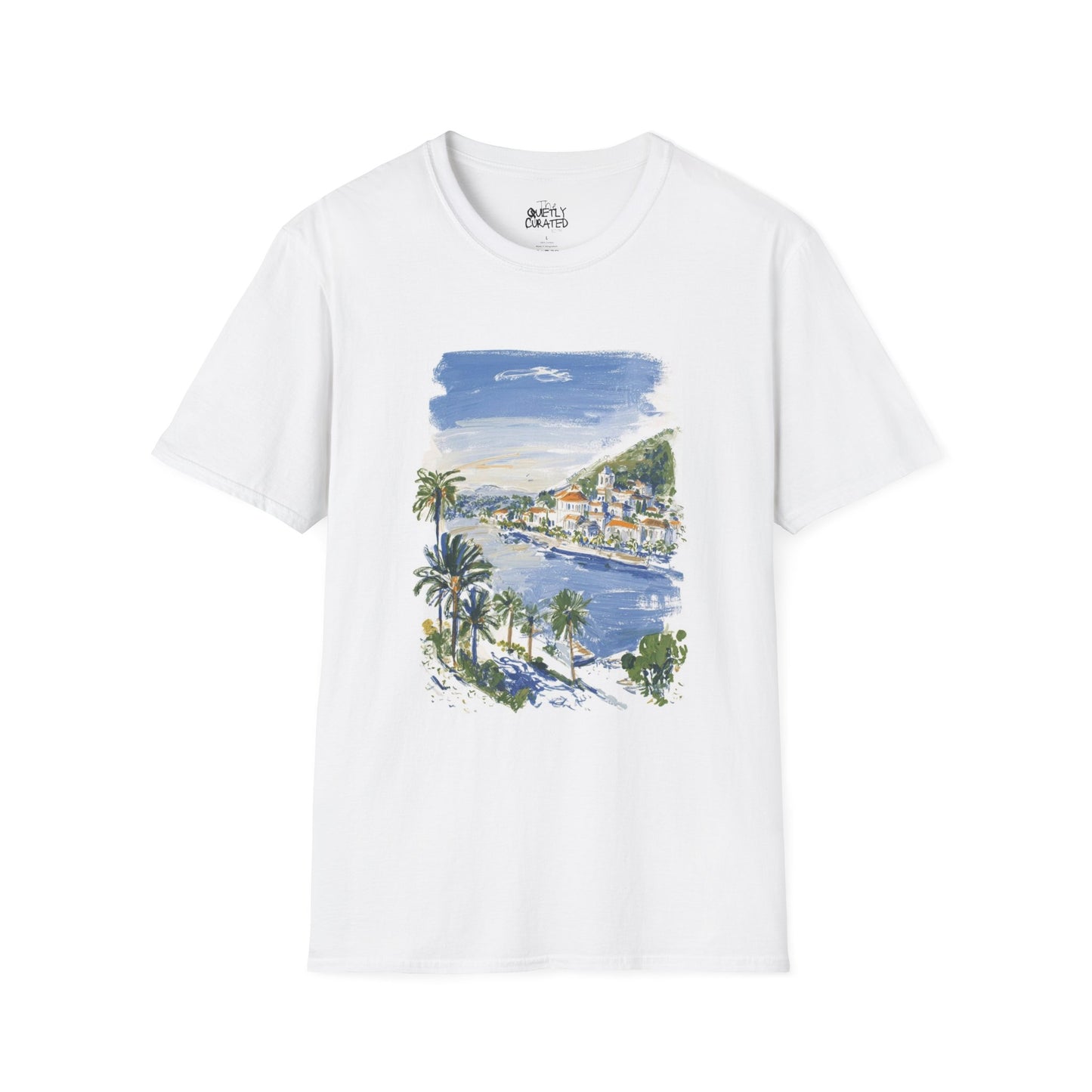 Coastal Village Painting T-Shirt — Scenic Seaside Palm Print