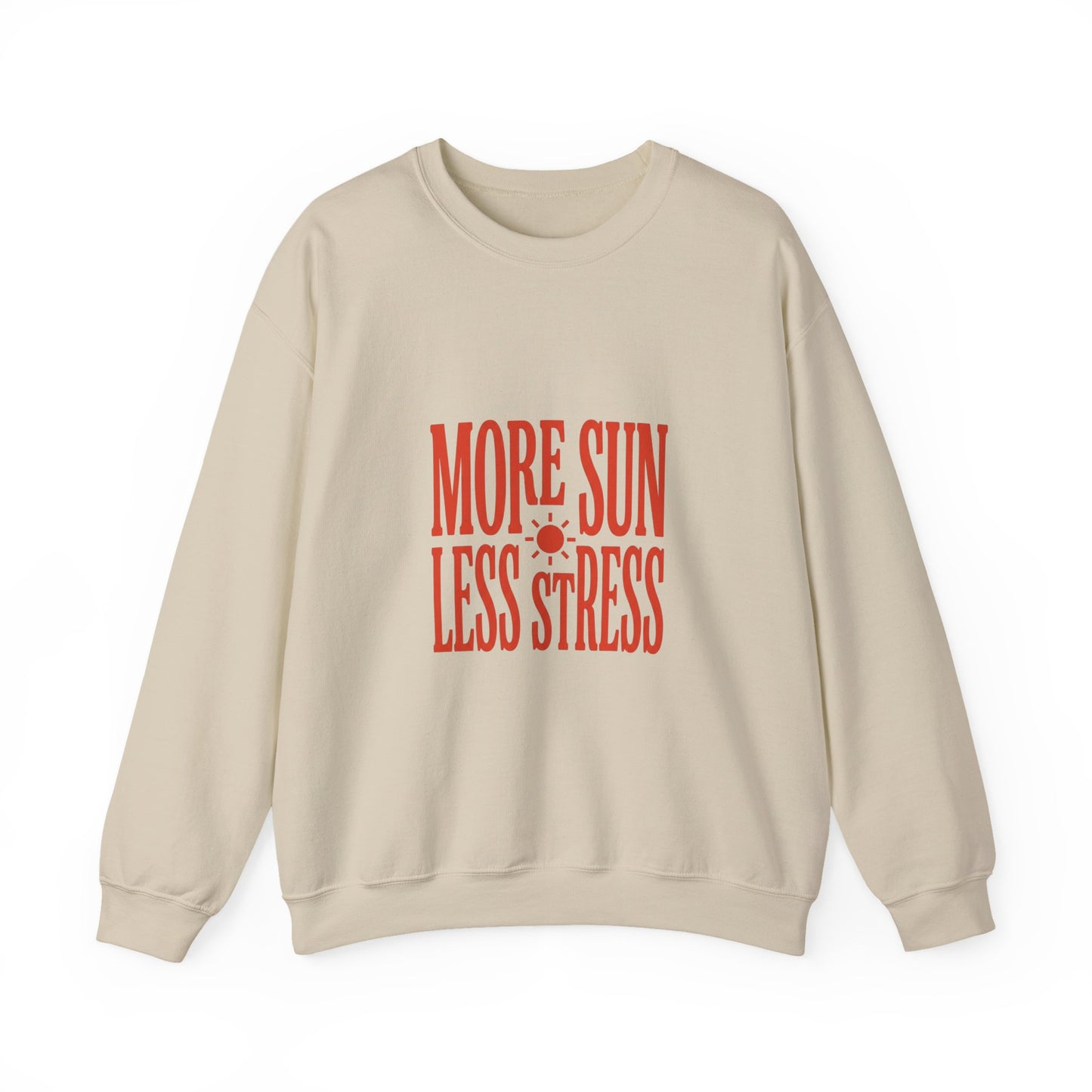 More Sun Less Stress Crewneck Sweatshirt | Y2K slogan, nostalgic type