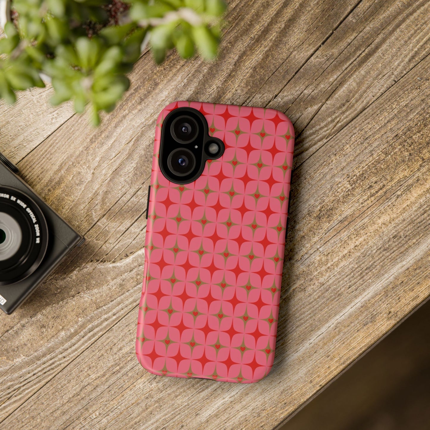Retro Pink Geometric Tough Phone Case — Starburst Pattern Protective Phone Cover