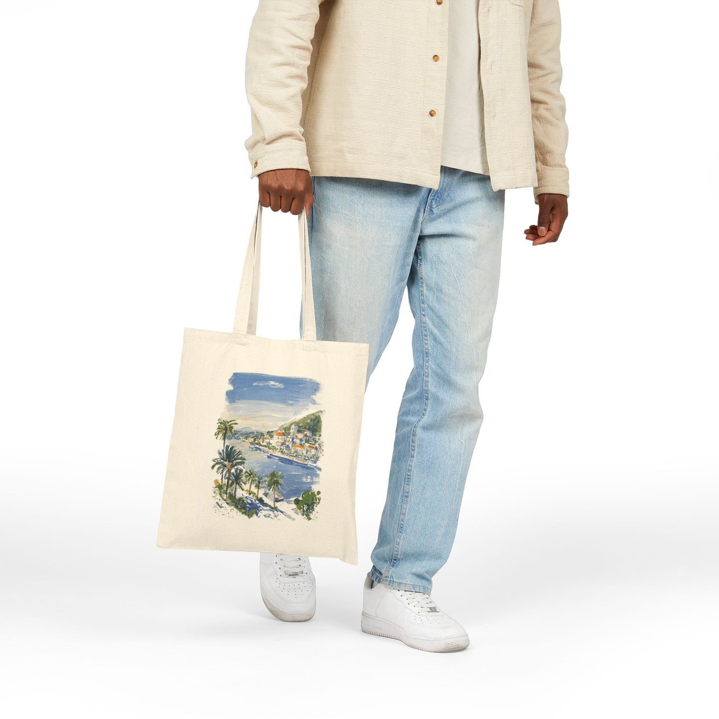 Tote Bag - Coastal Beach Watercolor Print, Palm Trees & Harbor Canvas Tote