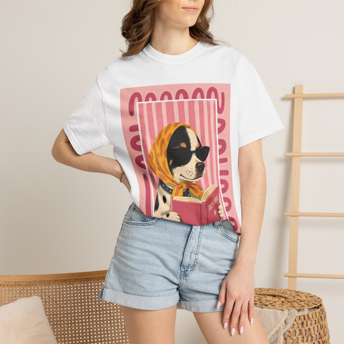 Dog Reading Graphic Tee — Vintage Scarf Pup Book Lover T-Shirt