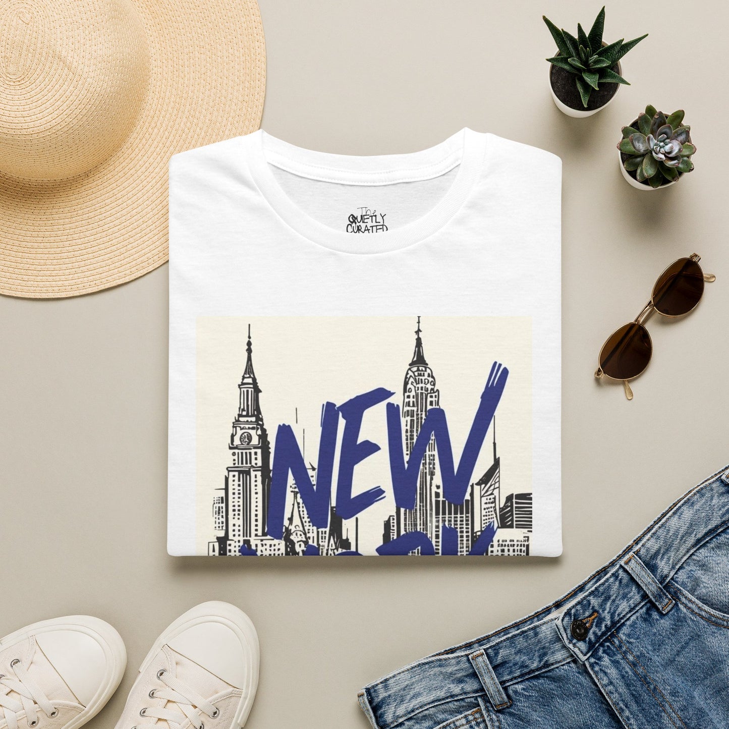 New York Skyline T-Shirt — Vintage Cityscape Tee with Bold 'NEW YORK' Script